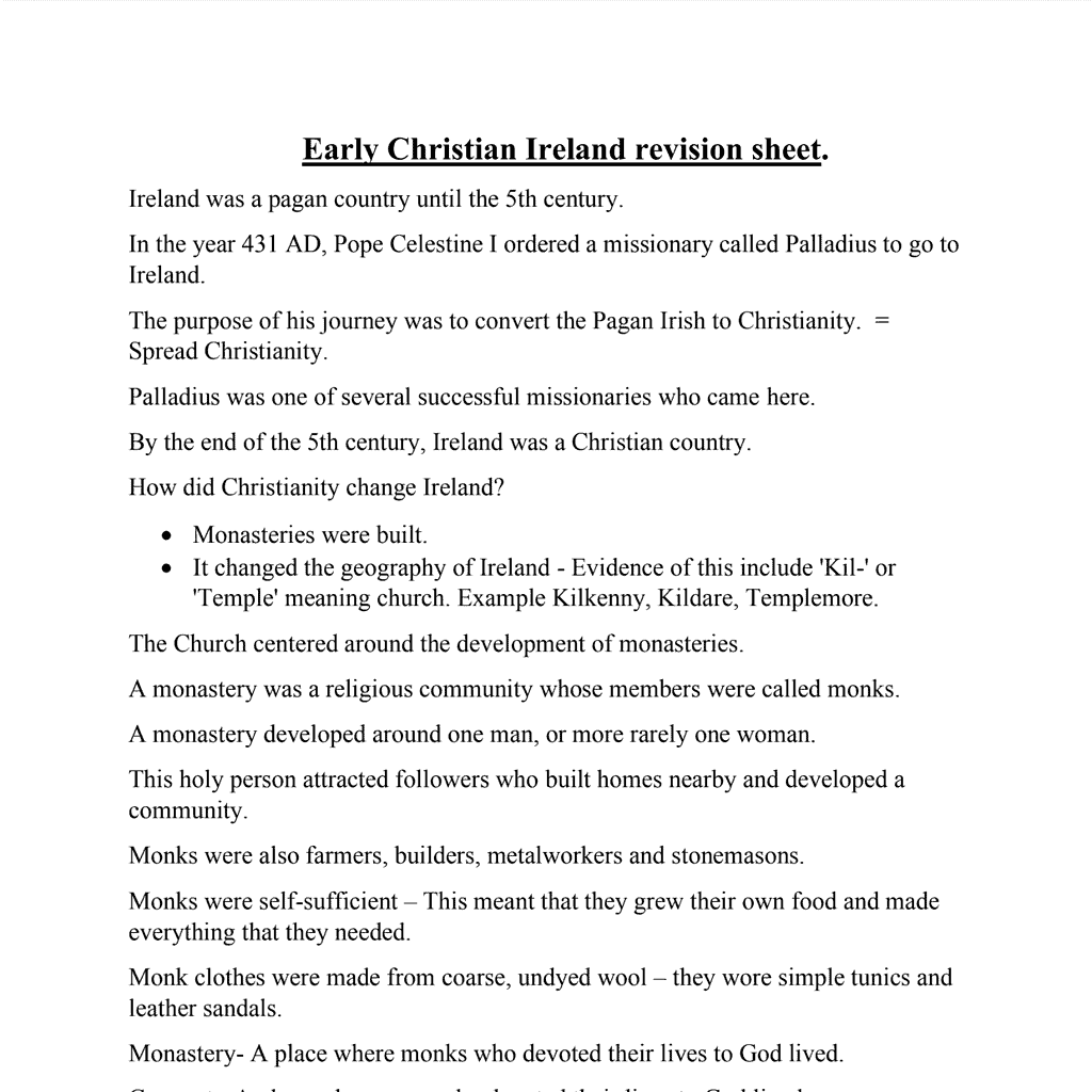 Early Christian Ireland revision sheet | Lesson Plans